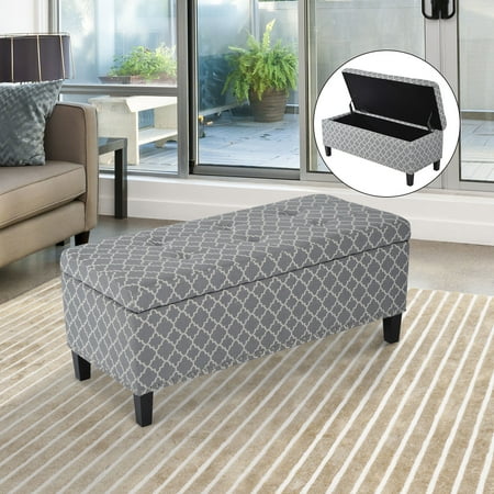 HomCom Large 42 Tufted Linen Fabric Upholstery Storage Bench Ottoman with lift-top Grey Lattice